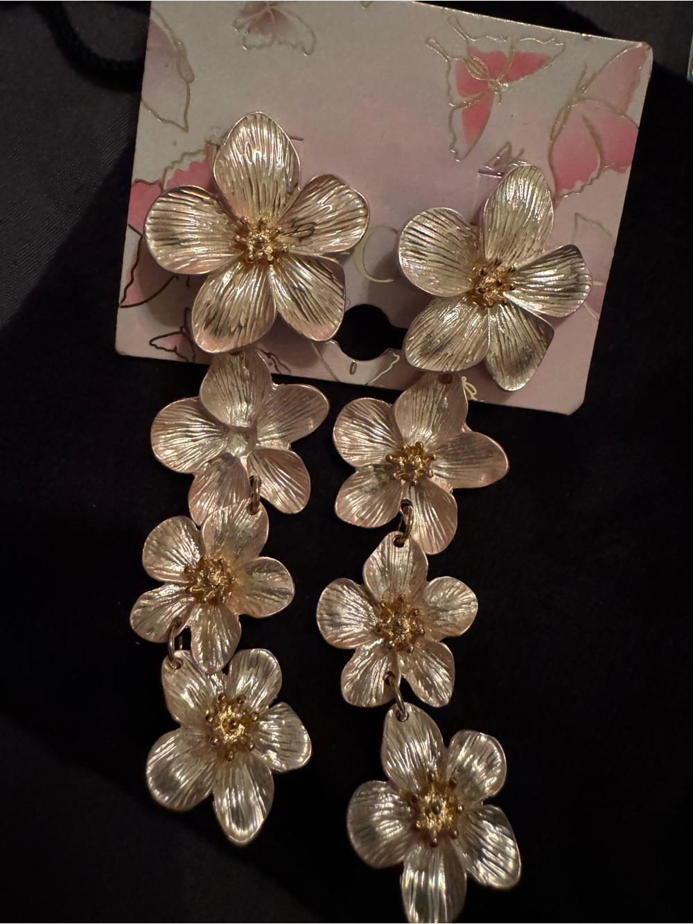 Gold Floral Dangle Earrings - Multi Flower Statement